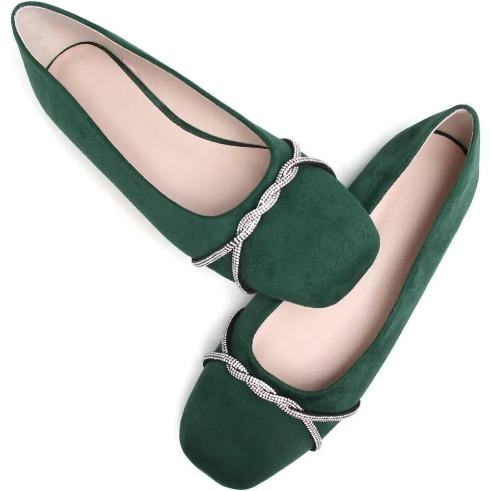 Women's Green Suede Casual Fashion Chain Pointed Toe Ballet Flat Rhinestone